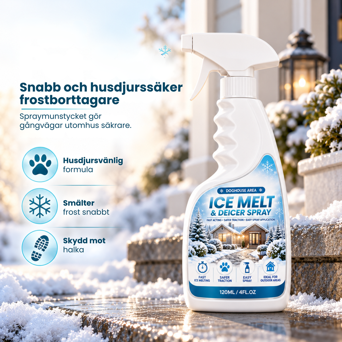 Frostiva™ avisningsspray på trappsteg med frost
