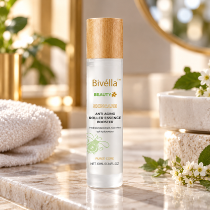 Bivella roll-on serum på badrumsbordet