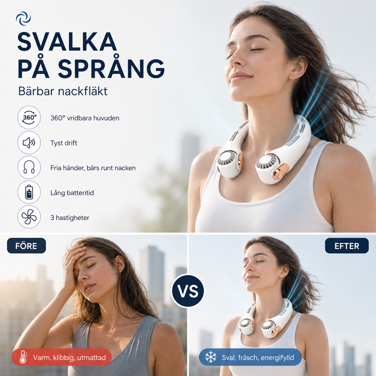 Aervia™ | Handsfree nackfläkt med 3 hastigheter