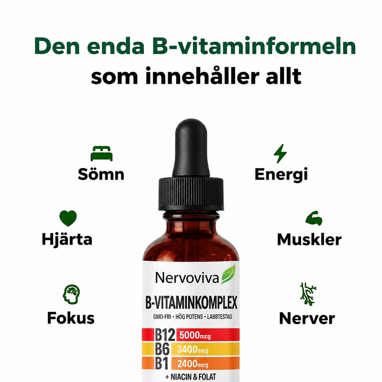 NervoViva™ | 5-i-1 Vitamin B-komplex i droppform – för nerver, energi & fokus