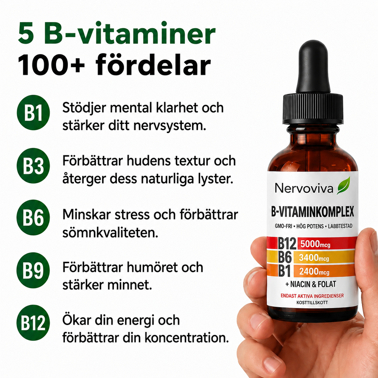 NervoViva™ | 5-i-1 Vitamin B-komplex i droppform – för nerver, energi & fokus