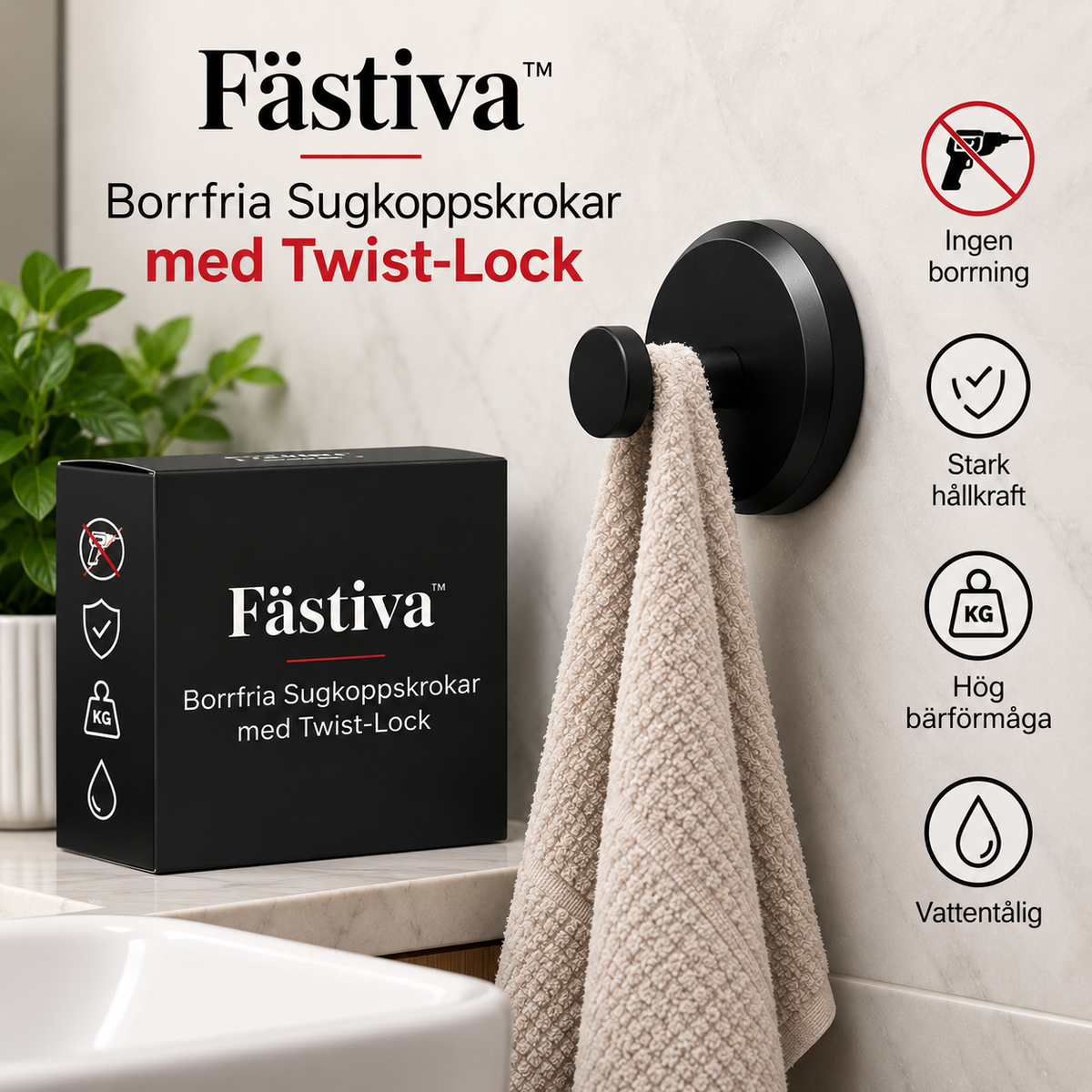 Fästiva™ | Borrfria Sugkoppskrokar med Twist-Lock